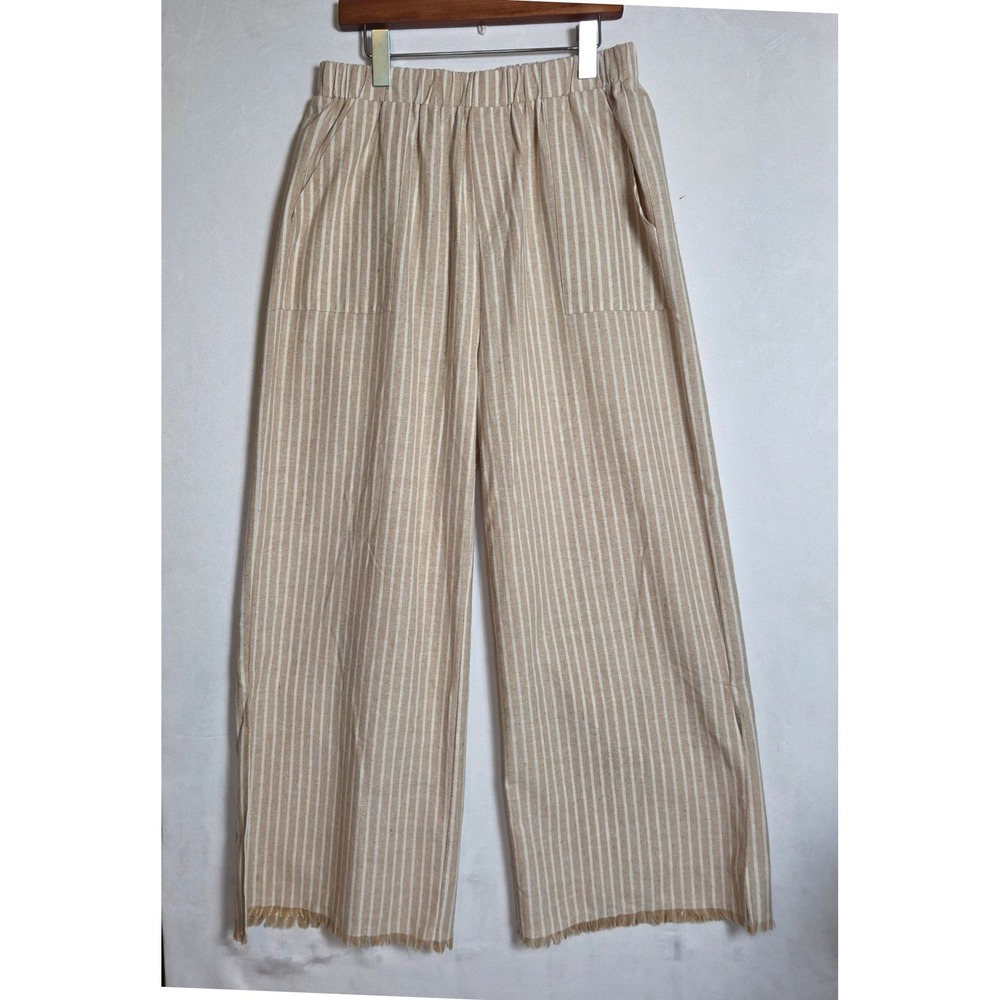 Wishlist Linen Blend Striped Wide Leg Pants Fringe Split Hem Boho Coastal Beach